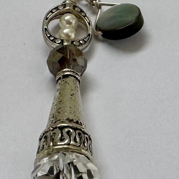 Necklace handmade silver carved cone clear gray crystal pearls OOAK - Picture 6 of 7